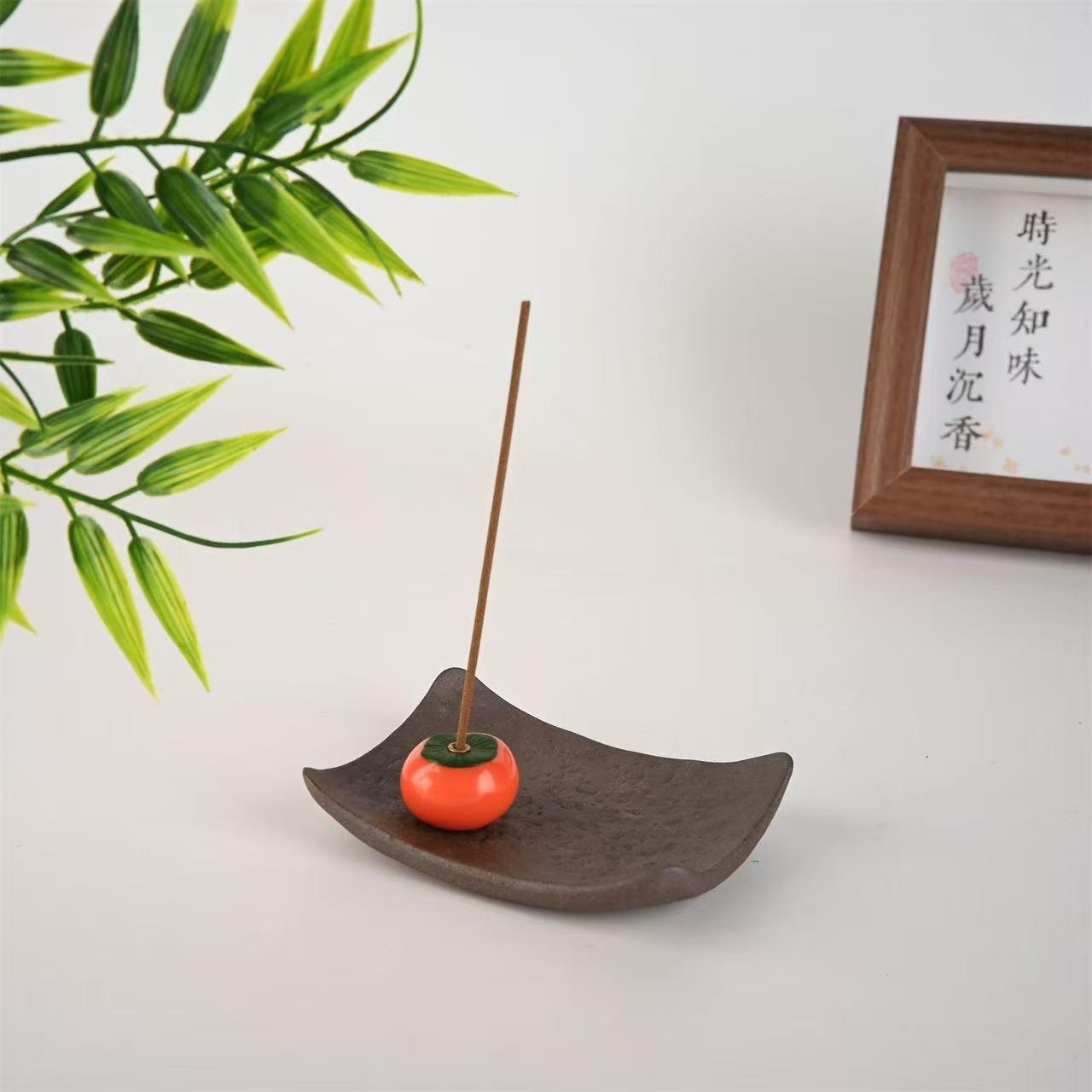 Handmade Zen-style Incense Holder, Tile & Persimmon Shaped Incense Stand & Tray, Retro Aroma Decor for Tea Ceremony