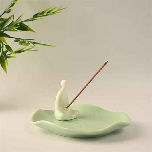 Ceramic Faceless Monk Incense Holder, Celadon Lotus Leaf Incense Tray, Zen-style Censer, Home Decor for Living Room